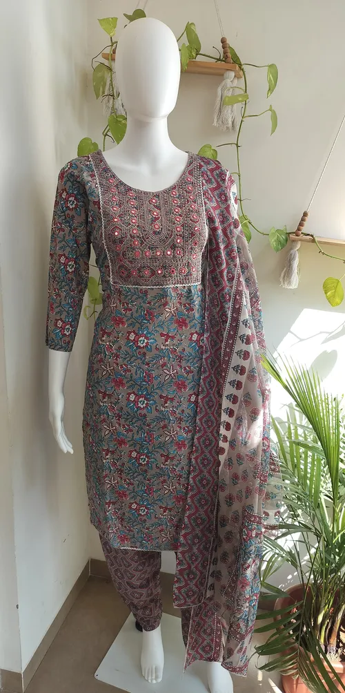 Cotton Mix Salwar Set - Blue & Red Multishade